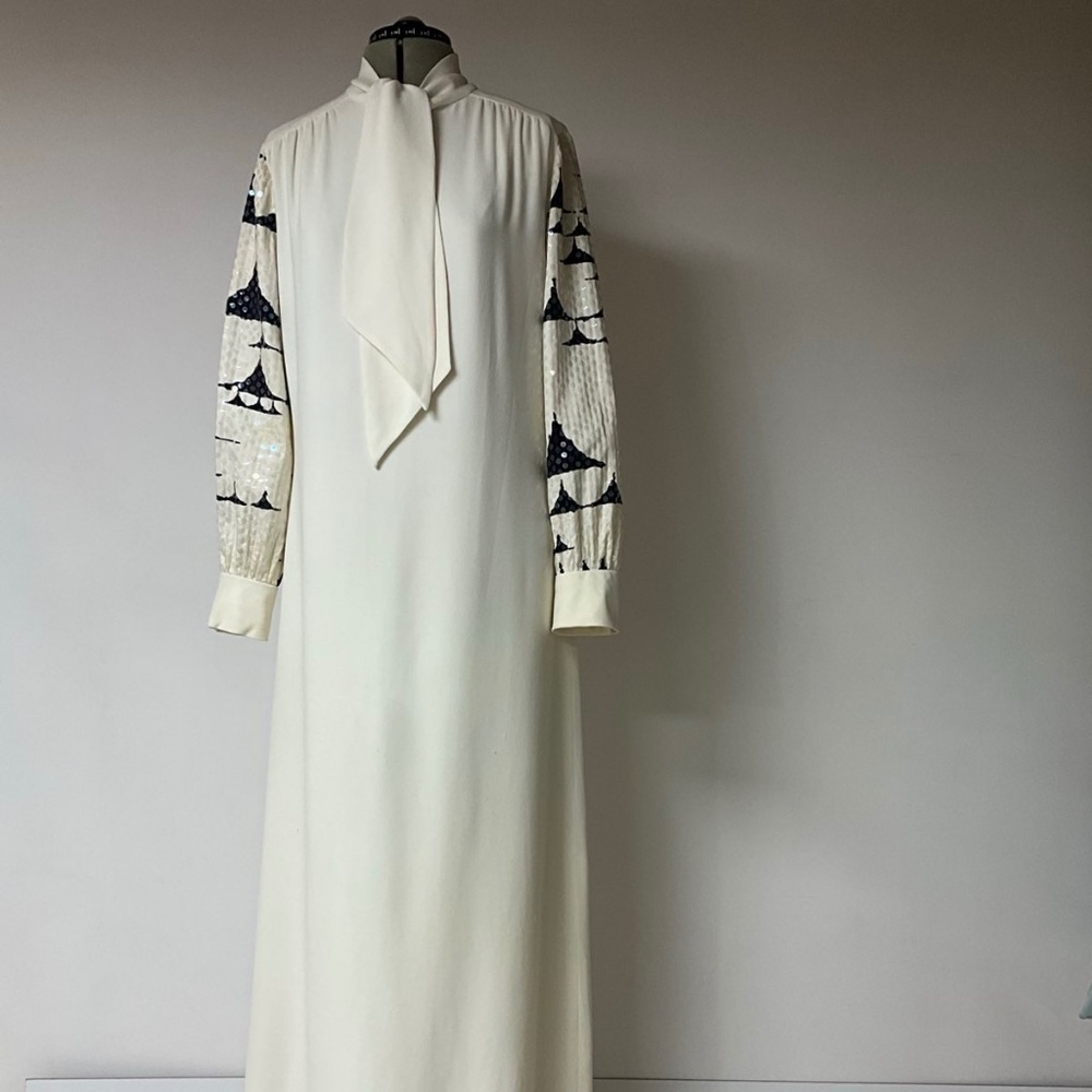 Vintage Marcel Fenez by Roland Klein Cream Maxi Dress, Statement Sleeve size M/L